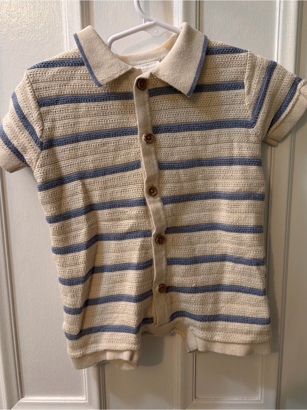 Cream & Blue Striped Knit Polo for Kids - Button Front